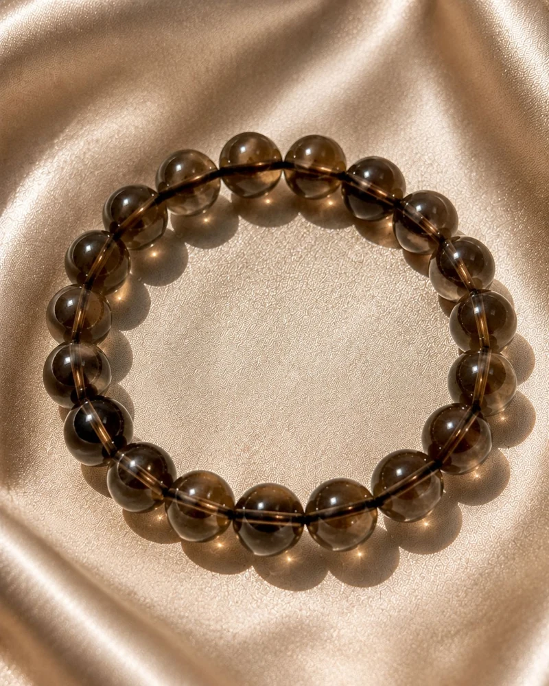 Smoky quartz bead bracelet on champagne silk