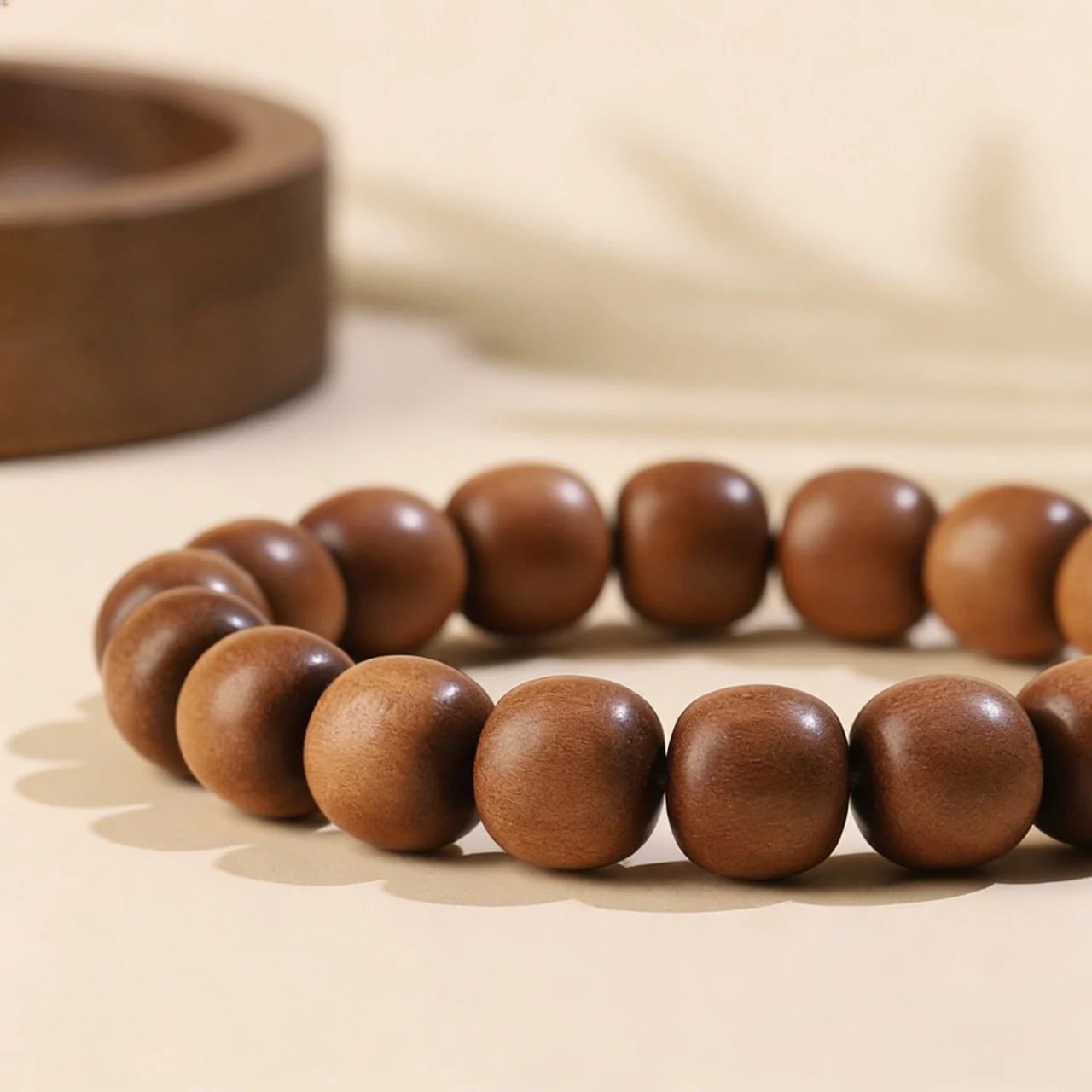 Close view of the wood grain in a sandalwood bracelet